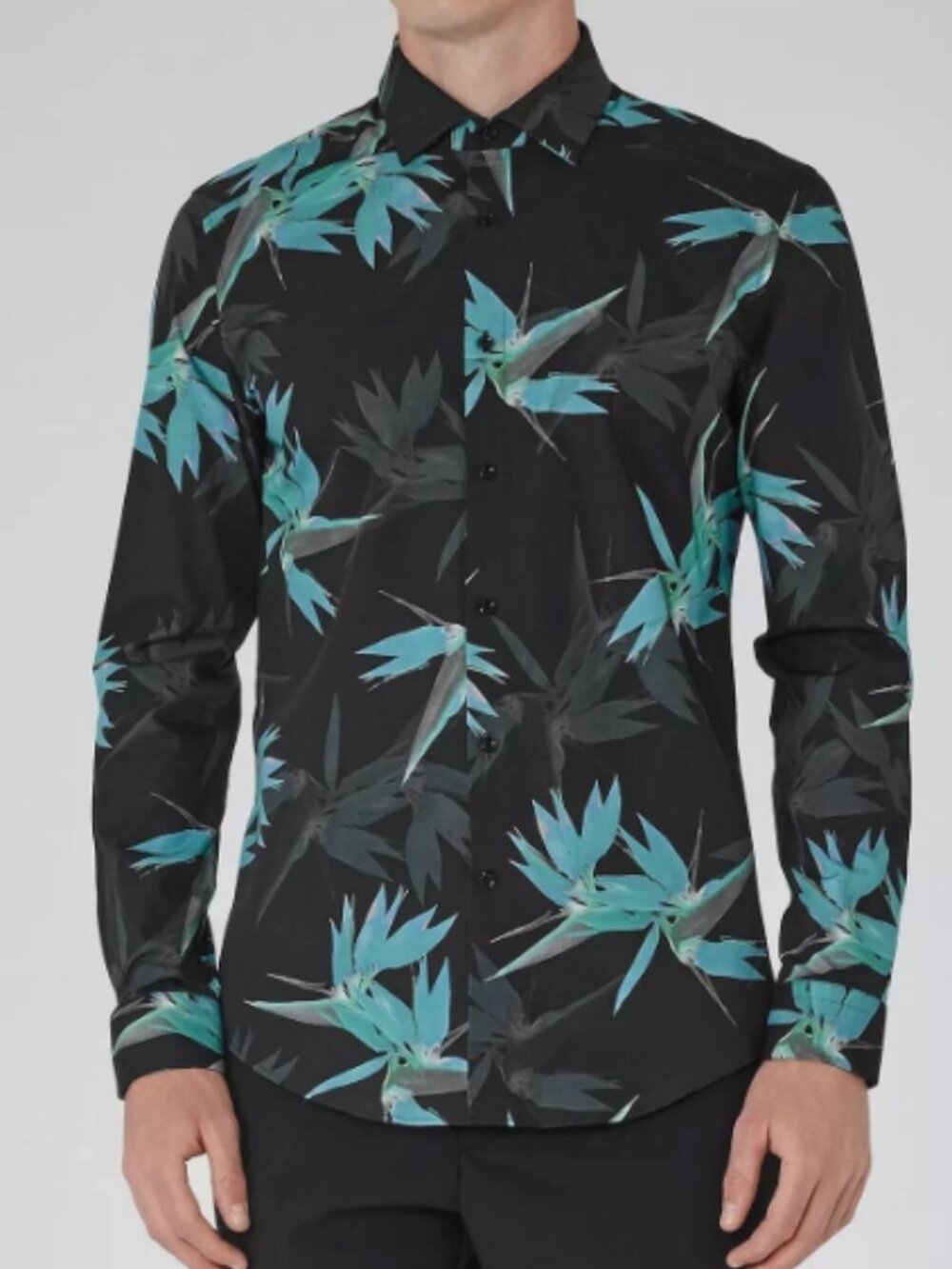 REISS Xandy Men’s L 100% Cotton Foliage Print Slim Fit Shirt Black Teal - Picture 7 of 9